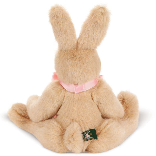 16" Classic Bunny Rabbit with Pink Ribbon Bow - Back view of buttercream jointed rabbit with pink satin bow with tails image number 3