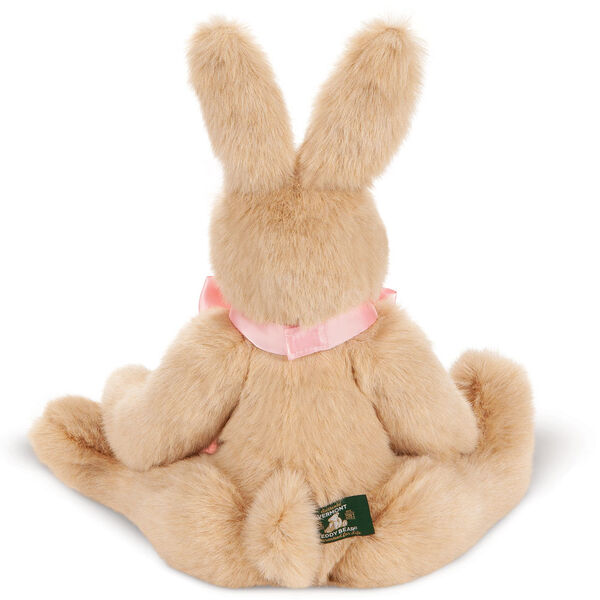 16" Classic Bunny Rabbit with Pink Ribbon Bow - Back view of buttercream jointed rabbit with pink satin bow with tails