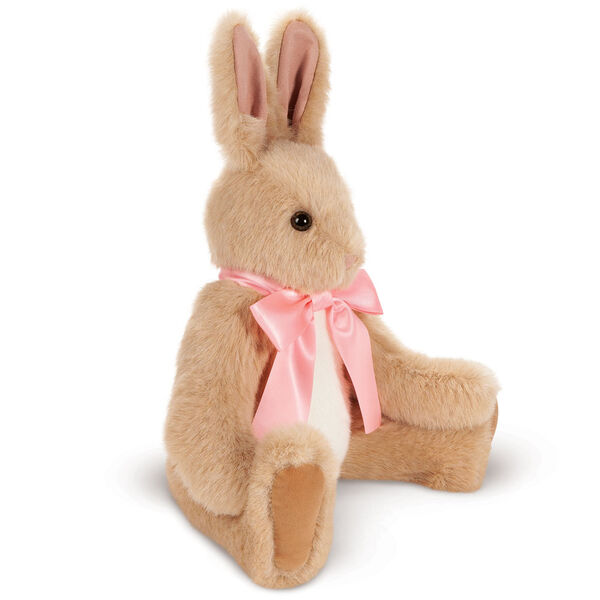 16" Classic Bunny Rabbit with Pink Ribbon Bow - Side view of buttercream jointed rabbit with pink satin bow with tails