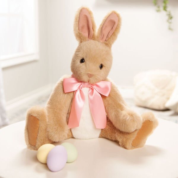 16" Classic Bunny Rabbit with Pink Ribbon Bow - Seated buttercream jointed rabbit with pink satin bow with tails image number 1