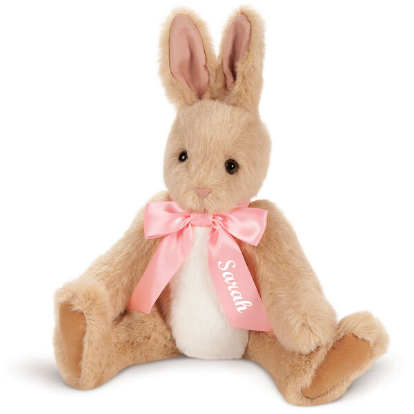 16" Classic Bunny Rabbit with Pink Ribbon Bow - Seated buttercream jointed rabbit with pink satin bow with tails personalized with "Sarah" image number 0