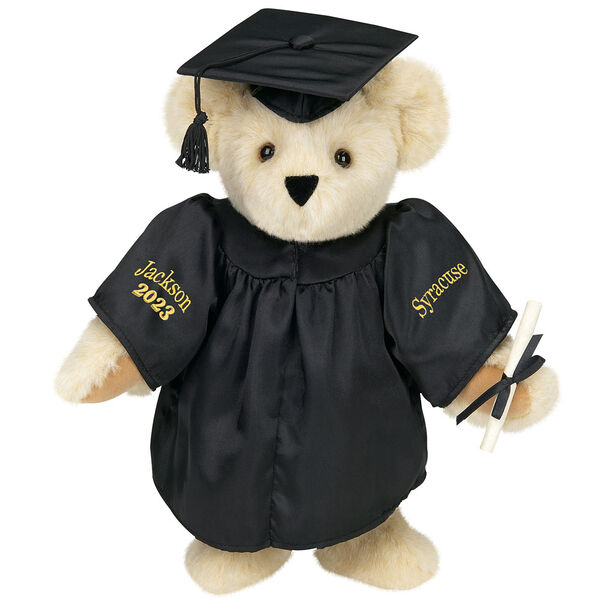15" Graduation Bear in Black Gown - Front view of standing jointed bear dressed in black satin graduation gown and cap and holding a rolled up diploma personalized "Jackson 2023" on right sleeve and "Syracuse" on left in gold - Buttercream