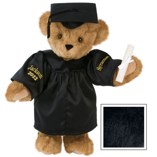 15" Graduation Bear in Black Gown - Front view of standing jointed bear dressed in black satin graduation gown and cap and holding a rolled up diploma personalized "Jackson 2023" on right sleeve and "Syracuse" on left in gold - Black