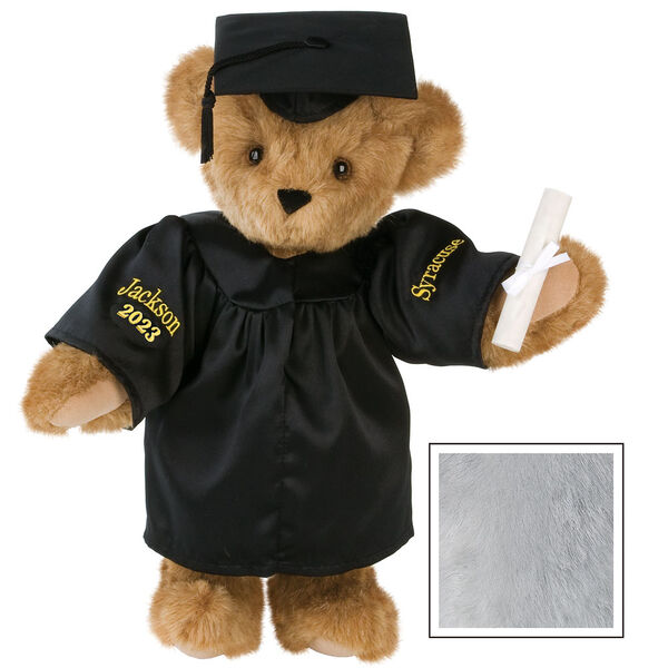 15" Graduation Bear in Black Gown - Front view of standing jointed bear dressed in black satin graduation gown and cap and holding a rolled up diploma personalized "Jackson 2023" on right sleeve and "Syracuse" on left in gold - Gray