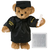 15" Graduation Bear in Black Gown - Front view of standing jointed bear dressed in black satin graduation gown and cap and holding a rolled up diploma personalized "Jackson 2023" on right sleeve and "Syracuse" on left in gold - Gray image number 7