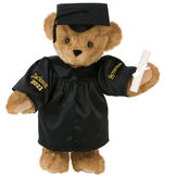 15" Graduation Bear in Black Gown - Front view of standing jointed bear dressed in black satin graduation gown and cap and holding a rolled up diploma personalized "Jackson 2023" on right sleeve and "Syracuse" on left in gold - Honey image number 0