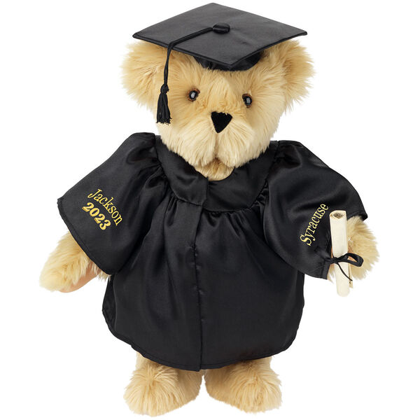 15" Graduation Bear in Black Gown - Front view of standing jointed bear dressed in black satin graduation gown and cap and holding a rolled up diploma personalized "Jackson 2023" on right sleeve and "Syracuse" on left in gold - Maple