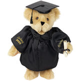 15" Graduation Bear in Black Gown - Front view of standing jointed bear dressed in black satin graduation gown and cap and holding a rolled up diploma personalized "Jackson 2023" on right sleeve and "Syracuse" on left in gold - Maple image number 9