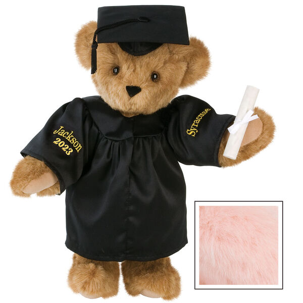 15" Graduation Bear in Black Gown - Front view of standing jointed bear dressed in black satin graduation gown and cap and holding a rolled up diploma personalized "Jackson 2023" on right sleeve and "Syracuse" on left in gold - Pink image number 8