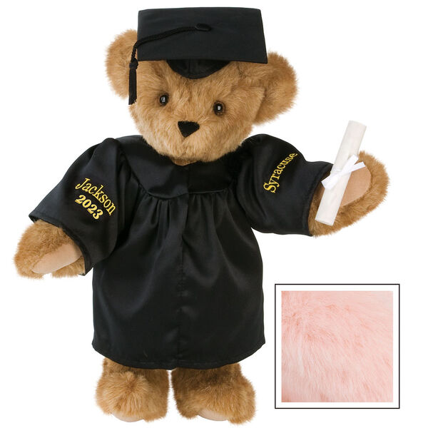15" Graduation Bear in Black Gown - Front view of standing jointed bear dressed in black satin graduation gown and cap and holding a rolled up diploma personalized "Jackson 2023" on right sleeve and "Syracuse" on left in gold - Pink