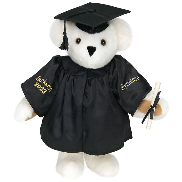 15" Graduation Bear in Black Gown - Front view of standing jointed bear dressed in black satin graduation gown and cap and holding a rolled up diploma personalized "Jackson 2023" on right sleeve and "Syracuse" on left in gold - Vanilla