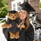 15" Graduation Bear in Black Gown - Front view of standing jointed bear dressed in black satin graduation gown and cap presented as a college Graduation gift image number 1
