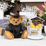15" Graduation Bear in Black Gown - Front view of standing jointed bear dressed in black satin graduation gown and cap presented as a Graduation party gift image number 2
