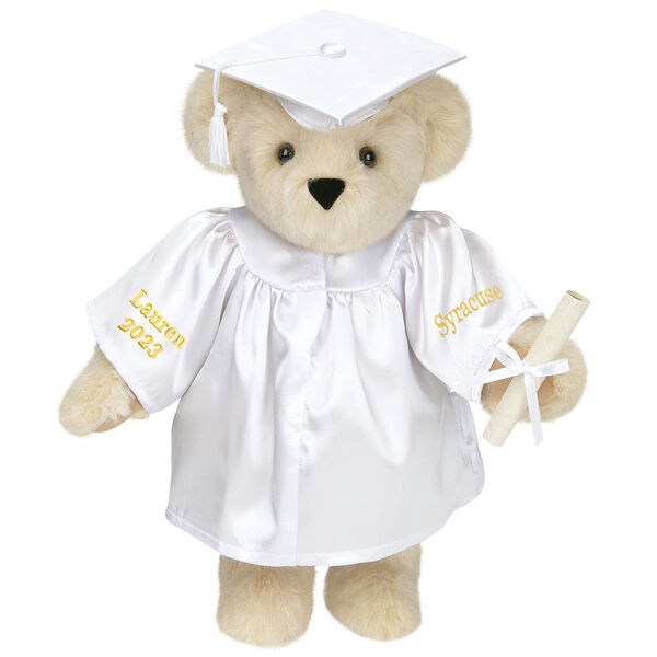 15" Graduation Bear in White Gown - Front view of standing jointed bear dressed in white satin graduation gown and cap and holding a rolled up diploma personalized "Jackson 2023" on right sleeve and "Syracuse" on left in gold - Buttercream image number 1