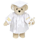 15" Graduation Bear in White Gown - Front view of standing jointed bear dressed in white satin graduation gown and cap and holding a rolled up diploma personalized "Jackson 2023" on right sleeve and "Syracuse" on left in gold - Buttercream image number 1