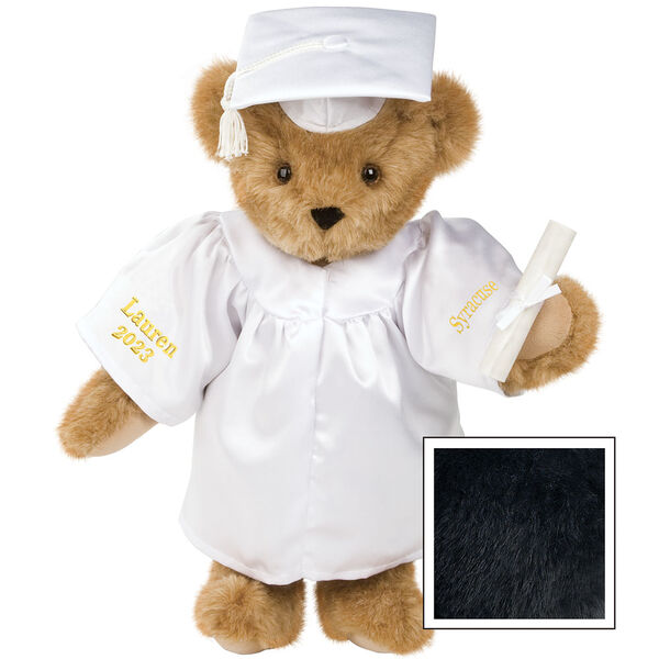 15" Graduation Bear in White Gown - Front view of standing jointed bear dressed in white satin graduation gown and cap and holding a rolled up diploma personalized "Jackson 2023" on right sleeve and "Syracuse" on left in gold - Black image number 3