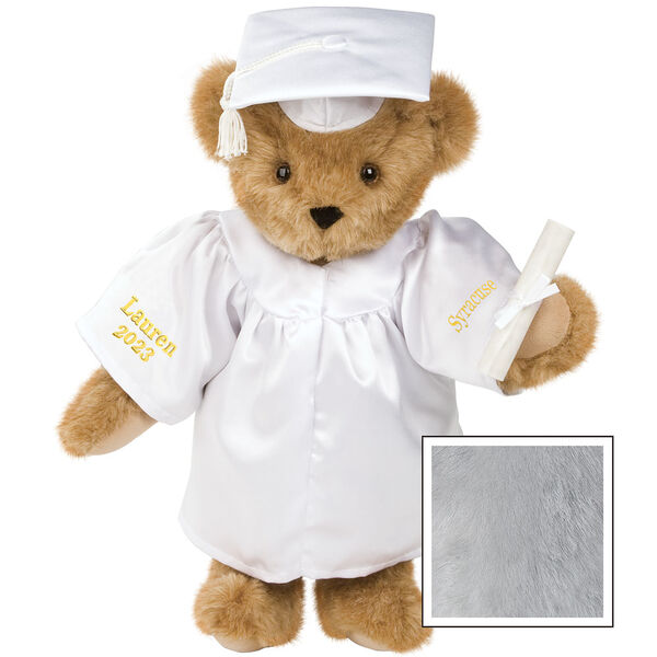 15" Graduation Bear in White Gown - Front view of standing jointed bear dressed in white satin graduation gown and cap and holding a rolled up diploma personalized "Jackson 2023" on right sleeve and "Syracuse" on left in gold - Gray image number 4