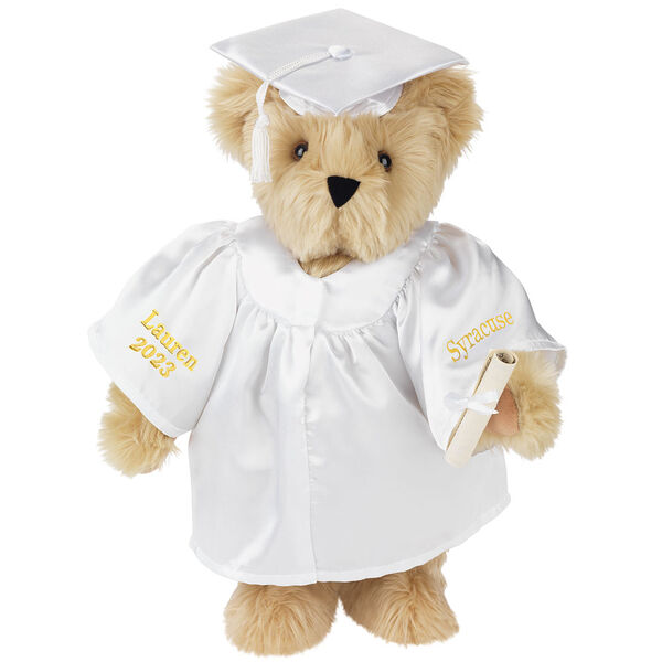 15" Graduation Bear in White Gown - Front view of standing jointed bear dressed in white satin graduation gown and cap and holding a rolled up diploma personalized "Jackson 2023" on right sleeve and "Syracuse" on left in gold - Maple image number 6