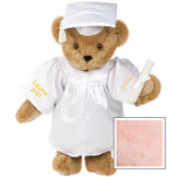 15" Graduation Bear in White Gown - Front view of standing jointed bear dressed in white satin graduation gown and cap and holding a rolled up diploma personalized "Jackson 2023" on right sleeve and "Syracuse" on left in gold - Pink image number 5