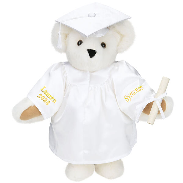 15" Graduation Bear in White Gown - Front view of standing jointed bear dressed in white satin graduation gown and cap and holding a rolled up diploma personalized "Jackson 2023" on right sleeve and "Syracuse" on left in gold - Vanilla image number 2
