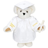 15" Graduation Bear in White Gown - Front view of standing jointed bear dressed in white satin graduation gown and cap and holding a rolled up diploma personalized "Jackson 2023" on right sleeve and "Syracuse" on left in gold - Vanilla image number 2