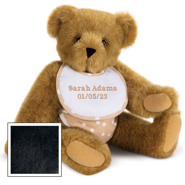 15" Baby Bear, Oatmeal - seated jointed plush bear dressed in a oatmeal with white dot bib and diapers - black image number 4