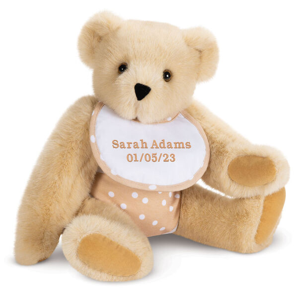 15" Baby Bear, Oatmeal - seated jointed plush bear dressed in a oatmeal with white dot bib and diapers - buttercream image number 2