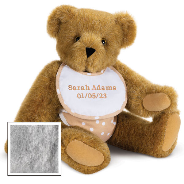 15" Baby Bear, Oatmeal - seated jointed plush bear dressed in a oatmeal with white dot bib and diapers - grey image number 5