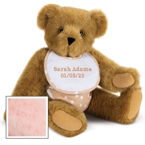 15" Baby Bear, Oatmeal - seated jointed plush bear dressed in a oatmeal with white dot bib and diapers - pink image number 6