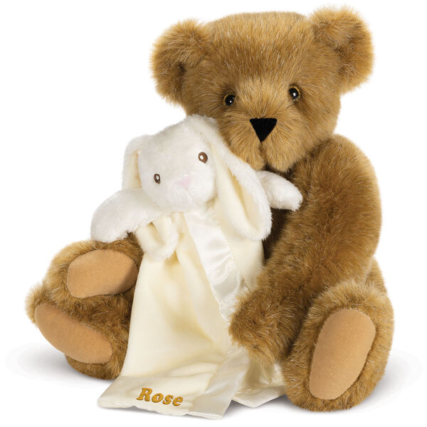 15" Cuddle Buddies Gift Set with Elephant Blanket - 15" jointed seated bear with ivory bunny security blanket - Honey image number 0