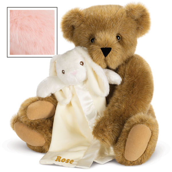 15" Cuddle Buddies Gift Set with Elephant Blanket - 15" jointed seated bear with ivory bunny security blanket - Pink image number 5