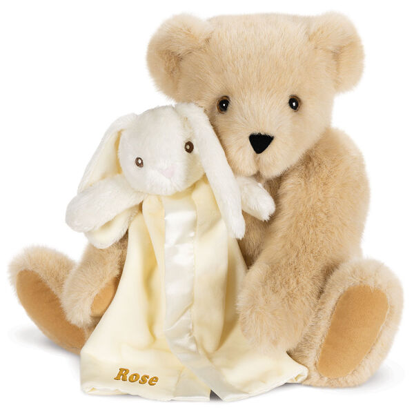 15" Cuddle Buddies Gift Set with Elephant Blanket - 15" jointed seated bear with ivory bunny security blanket - Buttercream image number 1