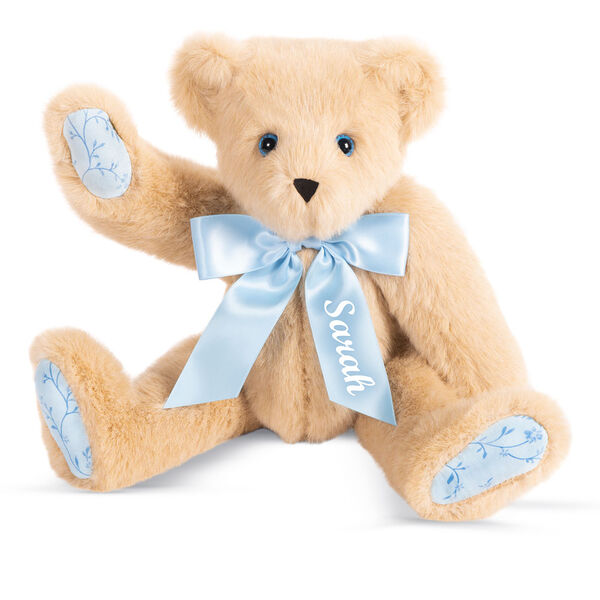 15" Bluebell Blossoms Bear - 15" seated jointed buttercream bear with blue eyes and blue floral paw pads with personalization on the blue satin bow image number 2