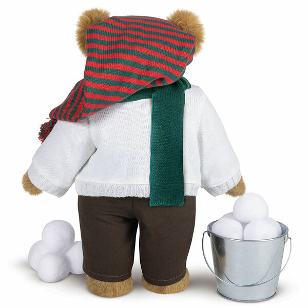 15" Special Edition Snow Day Bear - Back view of jointed bear with Nordic outfit with bucket of faux snowballs