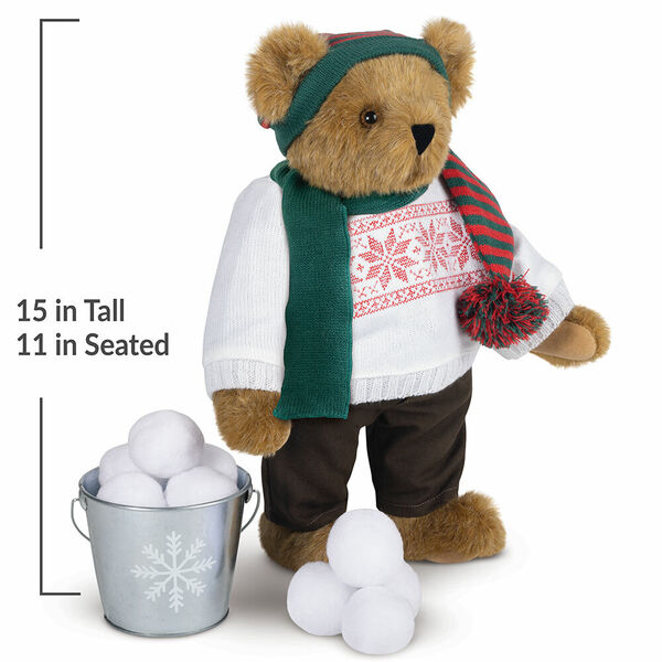 15" Special Edition Snow Day Bear - Side view of standing jointed bear with Nordic outfit presented as a Christmas gift with measurements of 15" tall or 11" seated