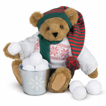 15" Special Edition Snow Day Bear - Seated jointed bear with Nordic sweater, pants, knit cap, scarf and bucket full of snowballs
