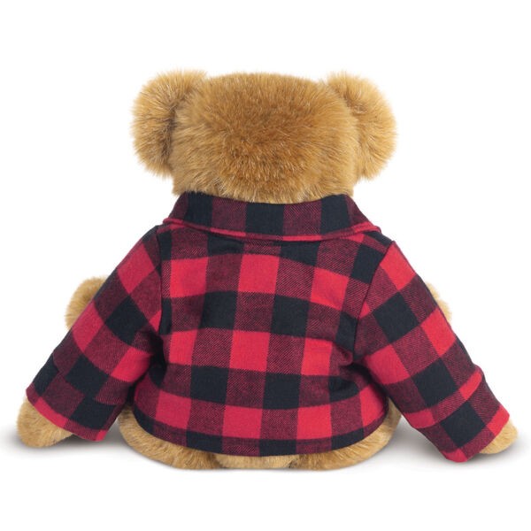 15" Vermont Flannel Bear, Buffalo Plaid - Back view of 15" seated bear with button down Vermont Flannel shirt