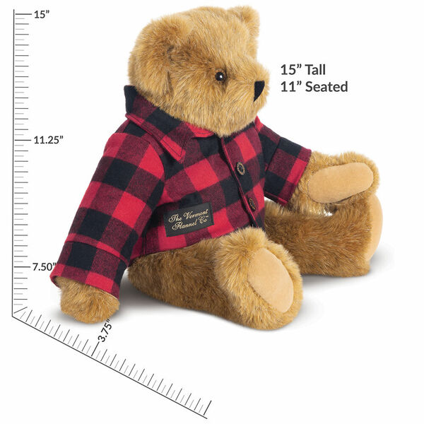 15" Vermont Flannel Bear, Buffalo Plaid - Side view of 15" seated bear with button down Vermont Flannel shirt and measurements of 15" tall or 11" seated