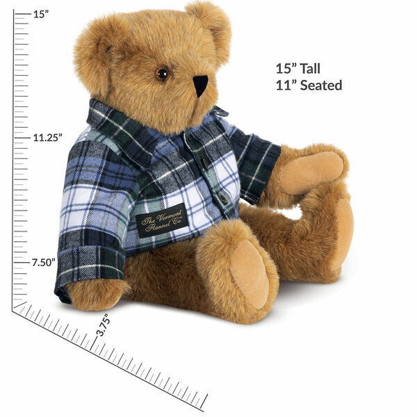 15" Vermont Flannel Bear, Campbell Plaid - Side view of 15" seated bear with button down Vermont Flannel shirt and measurements of 15" tall or 11" seated