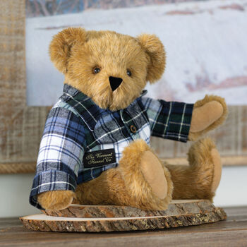15" Vermont Flannel Bear, Campbell Plaid - Front view of 15" seated bear with button down Vermont Flannel shirt in a decorative setting