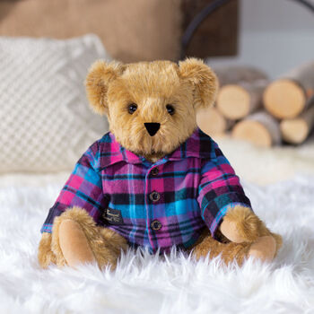 15" Vermont Flannel Bear, Tropic Plaid - Front view of 15" seated Vermont Flannel shirt bear decorator gift