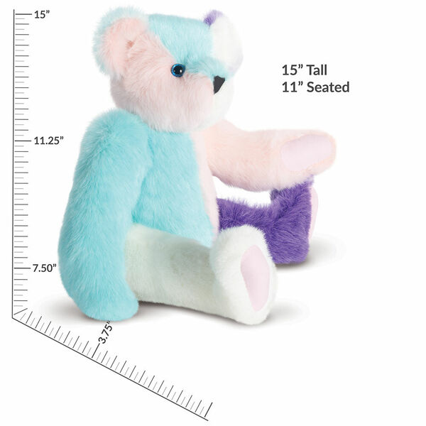 15" Cotton Candy Patchwork Bear - side view of seated patchwork bear with measurements of 15" tall or 11" seated image number 2