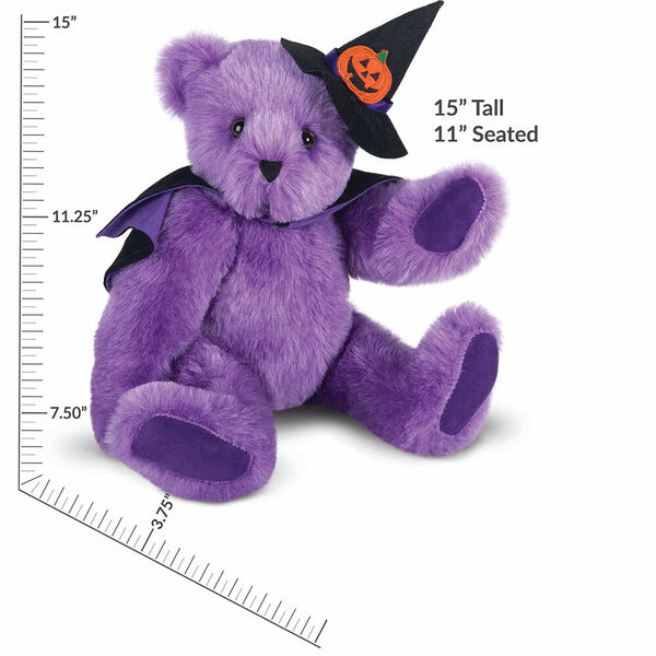 15" Classic Witch Bear - 15" seated jointed purple bear with purple paw pads with witch hat and cape with measurements of 15" tall or 11" seated