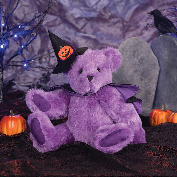 15" Classic Witch Bear - 15" seated jointed purple bear with purple paw pads with witch hat and cape decorating a Halloween scene image number 1